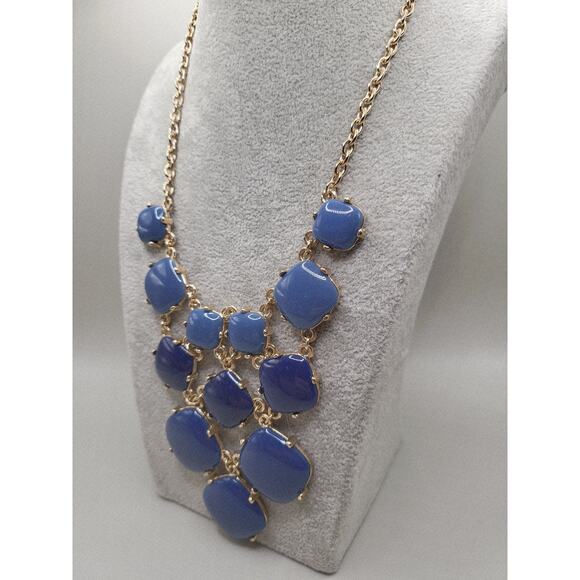 Blue Statement Bib Necklace Gold Tone Chain 17–20 Inch Adjustable - Picture 3 of 6